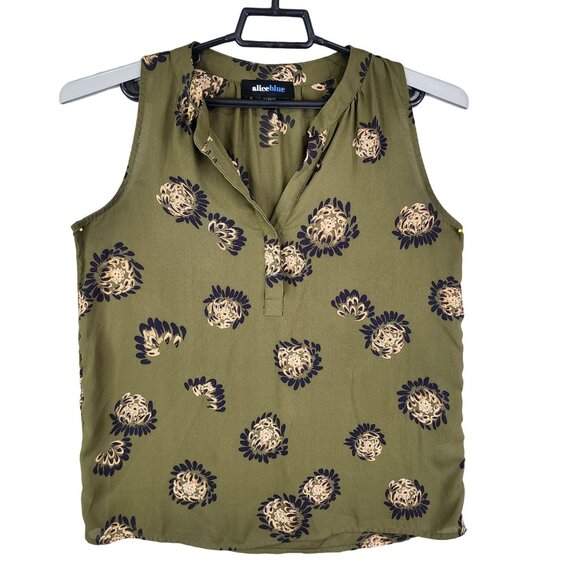 Women's Alice Blue Blouse Top Green & Black Floral Sleeveless V Neck Size M - Picture 1 of 9
